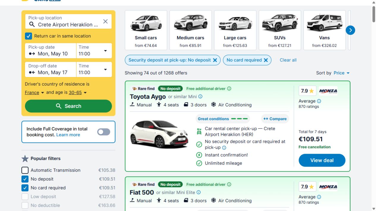 R&eacute;sultats DiscoverCars avec les filtres No deposit et No card required activ&eacute;s