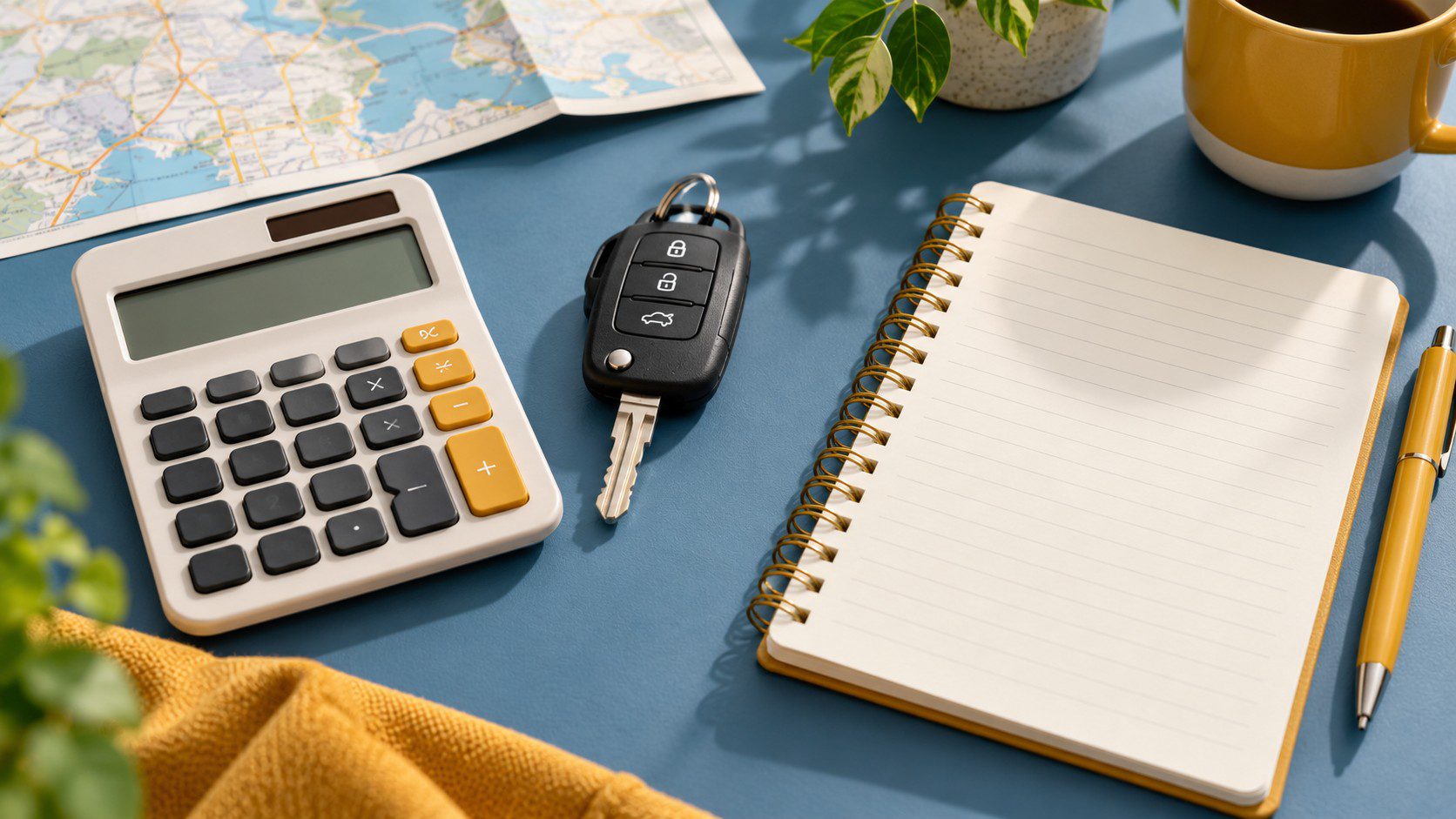 Calculatrice, carnet et cl&eacute;s pour pr&eacute;parer son budget de location &mdash; illustration